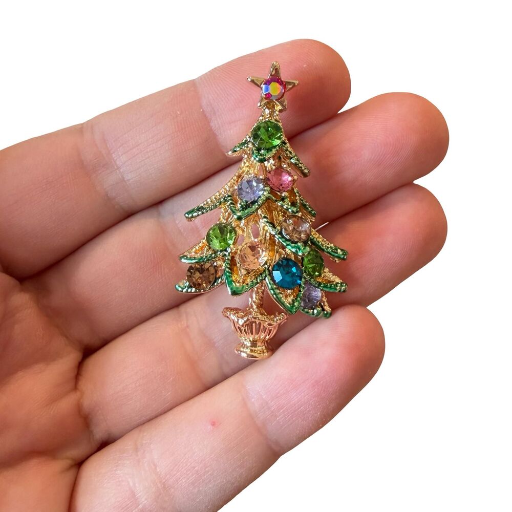 Vintage Christmas Tree Brooch Rhinestone Christmas Pin Christmas Jewelry